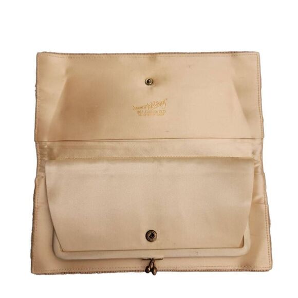 Vintage Formal Beaded Clutch Saks Fifth Avenue Neutral Satin Cocktail Bag - Picture 6 of 13